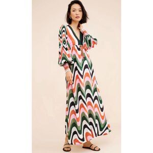 FARM Rio * Wave Gradient Maxi Dress Long Sleeve Drawstring Waist Multicolor Size